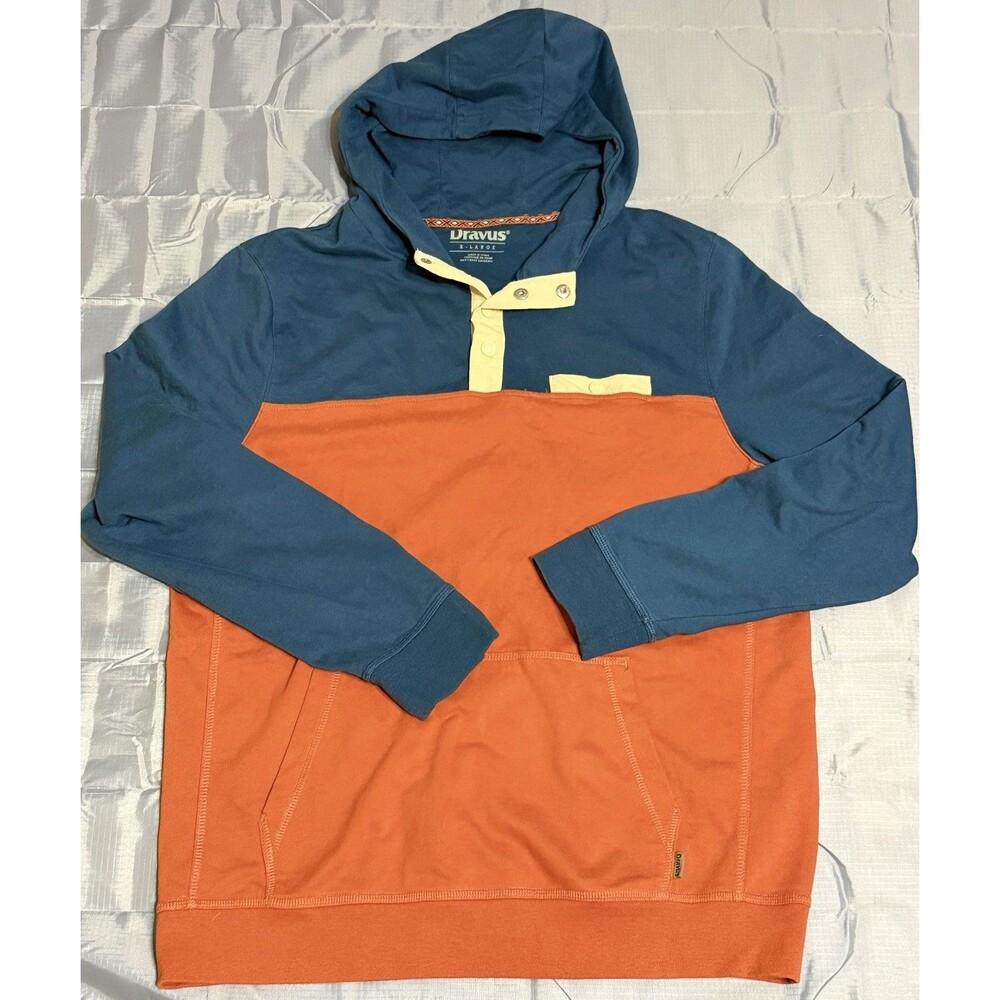 Dravus Men’s XL Colorblock Blue Orange Quarter Button Hooded Sweatshirt Hoodie
